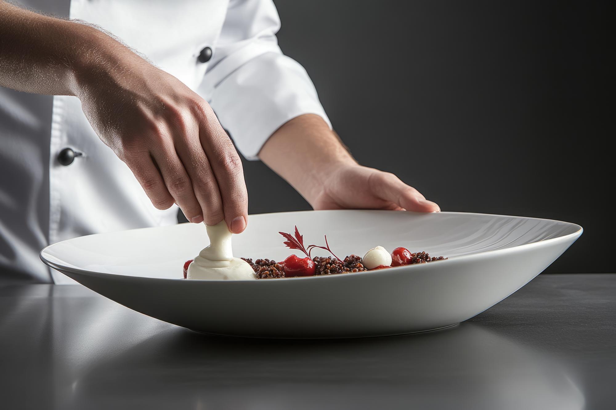 Chef bereitet modernes Gericht im Atelier